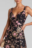 Sparkly Black Pink A-Line Sequins V-Neck Floral Long Evening Dress