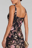 Sparkly Black Pink A-Line Sequins V-Neck Floral Long Evening Dress