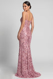 Sparkly Mermaid Spaghetti Straps Sequins Pink Long Evening Dress