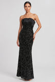Sparkly Black Mermaid Strapless Ruched Satin Long Evening Dress