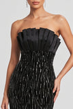Sparkly Black Mermaid Strapless Ruched Satin Long Evening Dress