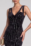 Sparkly Black Mermaid Cut Out V-Neck Sequins Long Evening Dress