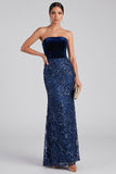 Sparkly Navy Strapless Mermaid Velvet Sequins Long Evening Dress