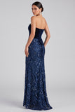 Sparkly Navy Strapless Mermaid Velvet Sequins Long Evening Dress