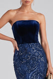 Sparkly Navy Strapless Mermaid Velvet Sequins Long Evening Dress