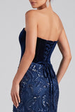 Sparkly Navy Strapless Mermaid Velvet Sequins Long Evening Dress