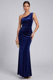 Glitter Navy One Shoulder Ruched Long Velvet Holiday Party Dress
