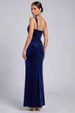 Glitter Navy One Shoulder Ruched Long Velvet Holiday Party Dress