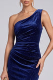 Glitter Navy One Shoulder Ruched Long Velvet Holiday Party Dress