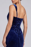 Glitter Navy One Shoulder Ruched Long Velvet Holiday Party Dress