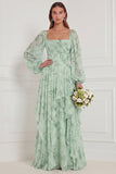 Sage A-Line Square Neck Printed Long Sleeves Tiered Ruffled Bridesmaid Dress