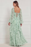 Sage A-Line Square Neck Printed Long Sleeves Tiered Ruffled Bridesmaid Dress