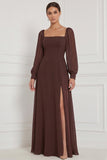 Espresso A-Line Square Neck Puff Sleeves Maxi Bridesmaid Dress with Side Slit