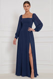 Espresso A-Line Square Neck Puff Sleeves Maxi Bridesmaid Dress with Side Slit
