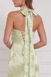 Mint Green Sheath Cowl Ruched Printed Maxi Bridesmaid Dress