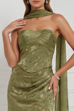 Olive Printed Sheath Strapless Ruched Maxi Bridesmaid Dress with Side Slit