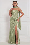 Olive Printed Sheath Strapless Ruched Maxi Bridesmaid Dress with Side Slit