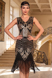 Sparkly Black Golden V-Neck Bodycon Sequins Midi Roaring 1920s Dress with Fringes