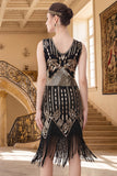 Sparkly Black Golden V-Neck Bodycon Sequins Midi Roaring 1920s Dress with Fringes