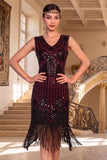 Sparkly Black Golden V-Neck Bodycon Sequins Midi Roaring 1920s Dress with Fringes