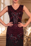 Sparkly Black Golden V-Neck Bodycon Sequins Midi Roaring 1920s Dress with Fringes