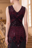 Sparkly Black Golden V-Neck Bodycon Sequins Midi Roaring 1920s Dress with Fringes