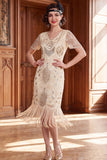 Sparkly Apricot V-Neck Sequins Bodycon Midi Roaring 1920s Dress with Fringes