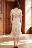 Sparkly Apricot V-Neck Sequins Bodycon Midi Roaring 1920s Dress with Fringes