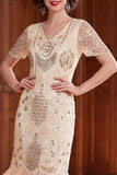Sparkly Apricot V-Neck Sequins Bodycon Midi Roaring 1920s Dress with Fringes