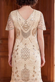 Sparkly Apricot V-Neck Sequins Bodycon Midi Roaring 1920s Dress with Fringes