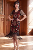 Sparkly Apricot V-Neck Sequins Bodycon Midi Roaring 1920s Dress with Fringes