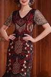 Sparkly Apricot V-Neck Sequins Bodycon Midi Roaring 1920s Dress with Fringes