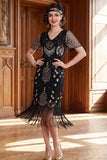 Sparkly Apricot V-Neck Sequins Bodycon Midi Roaring 1920s Dress with Fringes