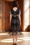 Sparkly Apricot V-Neck Sequins Bodycon Midi Roaring 1920s Dress with Fringes