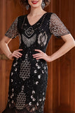 Sparkly Apricot V-Neck Sequins Bodycon Midi Roaring 1920s Dress with Fringes