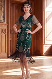 Sparkly Apricot V-Neck Sequins Bodycon Midi Roaring 1920s Dress with Fringes