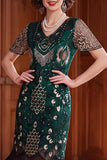 Sparkly Apricot V-Neck Sequins Bodycon Midi Roaring 1920s Dress with Fringes