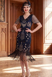 Sparkly Apricot V-Neck Sequins Bodycon Midi Roaring 1920s Dress with Fringes