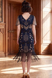 Sparkly Apricot V-Neck Sequins Bodycon Midi Roaring 1920s Dress with Fringes
