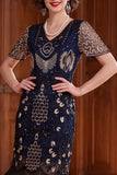 Sparkly Apricot V-Neck Sequins Bodycon Midi Roaring 1920s Dress with Fringes