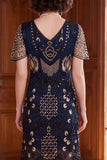 Sparkly Apricot V-Neck Sequins Bodycon Midi Roaring 1920s Dress with Fringes