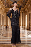Sparkly Black Cold Shoulder Sheath Sequins Long Roaring 1920s Dress with Fringes