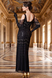 Sparkly Black Cold Shoulder Sheath Sequins Long Roaring 1920s Dress with Fringes