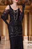 Sparkly Black Cold Shoulder Sheath Sequins Long Roaring 1920s Dress with Fringes