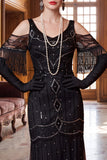 Sparkly Black Cold Shoulder Sheath Sequins Long Roaring 1920s Dress with Fringes