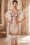 Sparkly Apricot V-Neck Sequins Floral Bodycon Midi Roaring 1920s Dress with Fringes