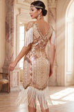 Sparkly Apricot V-Neck Sequins Floral Bodycon Midi Roaring 1920s Dress with Fringes