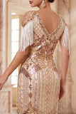 Sparkly Apricot V-Neck Sequins Floral Bodycon Midi Roaring 1920s Dress with Fringes
