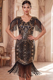 Sparkly Apricot V-Neck Sequins Floral Bodycon Midi Roaring 1920s Dress with Fringes