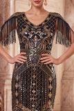 Sparkly Apricot V-Neck Sequins Floral Bodycon Midi Roaring 1920s Dress with Fringes